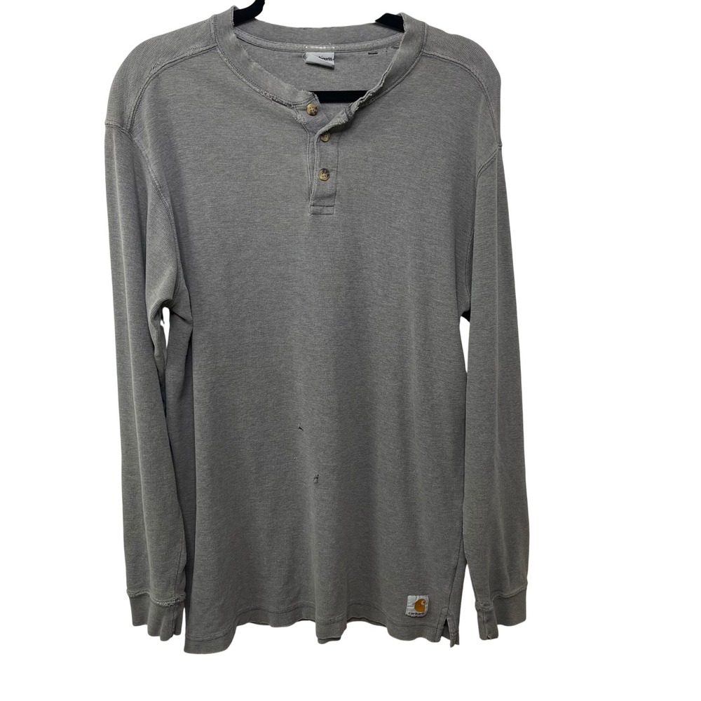 Y2K Carhartt Men Gray Waffle Knit Henley Long Sleeve Thrashed Distressed Shirt M